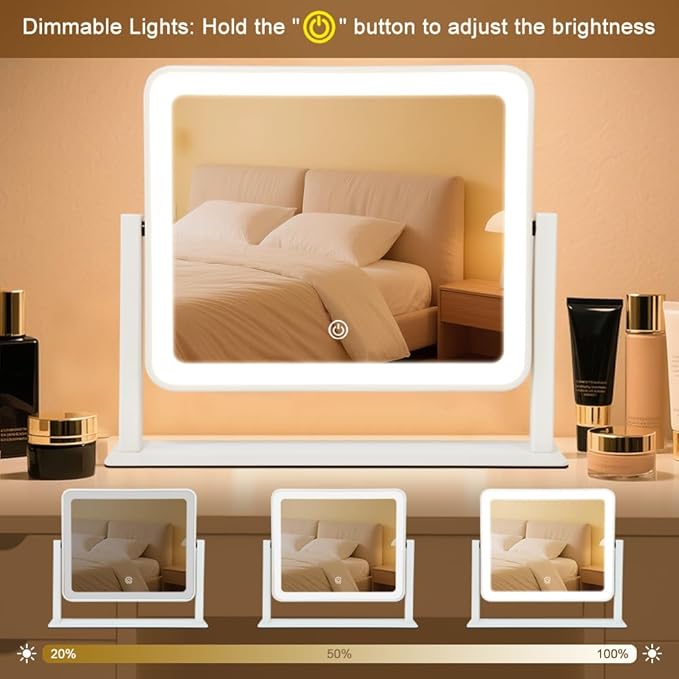 Rechargeable Vanity Mirror with Lights,14"x12"LED Lighted Makeup Mirror,Large Makeup Mirror with Lights,Touch Screen with 3-Color Lighting,Dimmable,for Vanity Desk Tabletop,Bedroom
