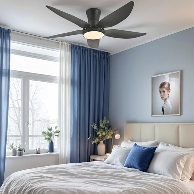 Ceiling Fans with Lights, Low Profile Ceiling Fan Light and Remote/APP Control, 6 Speeds Adjust, LED Dimmable 3 Color Changing, Modern Flush Mount Fandelier Ceiling Fan for Bedroom