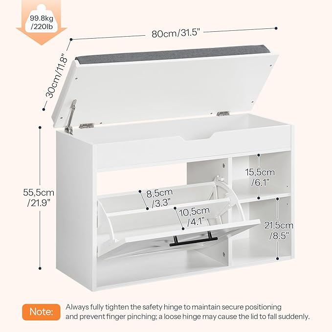 HOOBRO Shoe Storage Bench with Cushion, Modern Entryway Bench with Flip Drawer and Hidden Top Compartment, Shoe Cabinet with Seat and Adjustable Shelves for Hallway, 31.5" L, White and Gray, WG55HX01