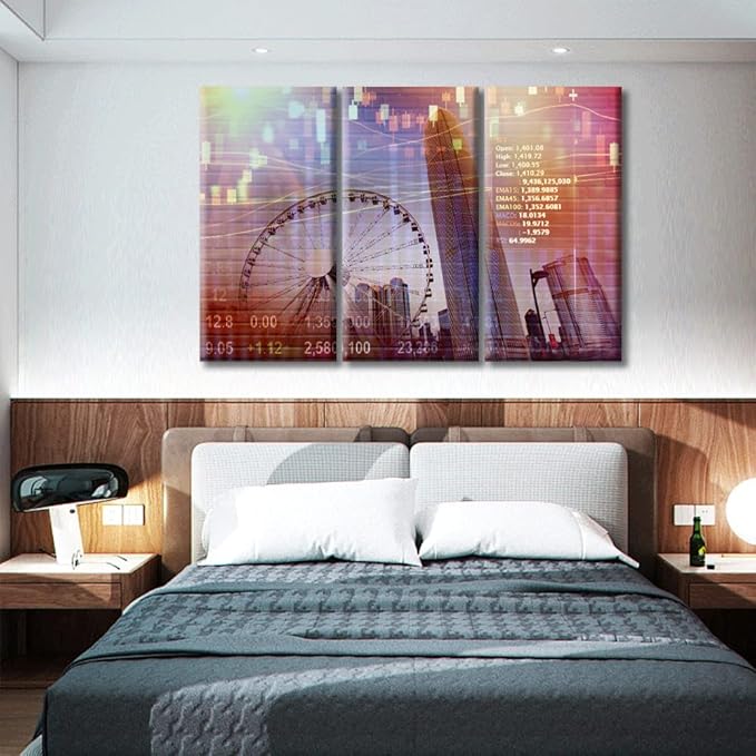 TUMOVO Stock Market on Display Canvas Paintings Wall Art for Living Room 3 Piece Urban Background Artwork Wall Decor Living Room Stock Market Picture Print on Canvas Framed Ready to Hang (60" Wx40 H)
