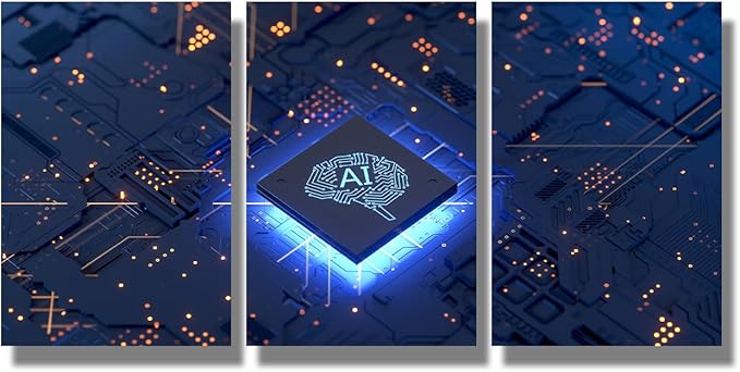 LSIUHWUWI Modern Wall Art 3 Panel Artificial Intelligence Concept Picture Prints on Canvas for Living Room Computer Room,Office Wall Decoration, Framed Ready to Hang 12x16inchx3