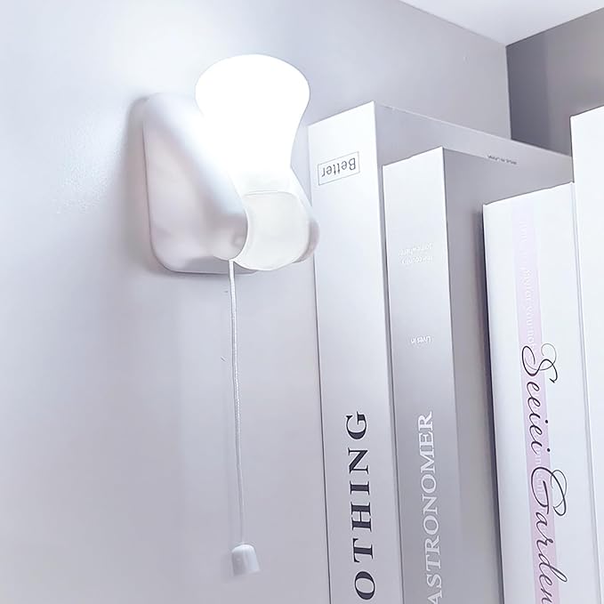 6 Pack Battery Operated Light Bulb, Stick-Up Wireless LED Closet Light Bulb, Battery Powered Self Adhesive Wall Mounted Lamp Fixture with Pull Chain for Cabinet Bedroom Living Room Kitchen