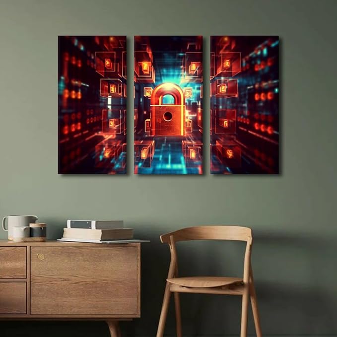 TUMOVO 3 Panels Modern Wall Art Digital Image of Padlock Cyber Security Background Canvas Prints Art for Living Room Bedroom Decorations, Wooden Framed Ready to Hang, 36" Wx24 H