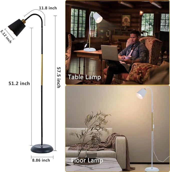 AoMck Floor Reading Lamp, Industrial Metal Floor Lamps for Living Room with Adjustable Bendable 2 in 1 Reading Table Lamps for Living Room Bedroom Office, 12W Bulb Included (White)