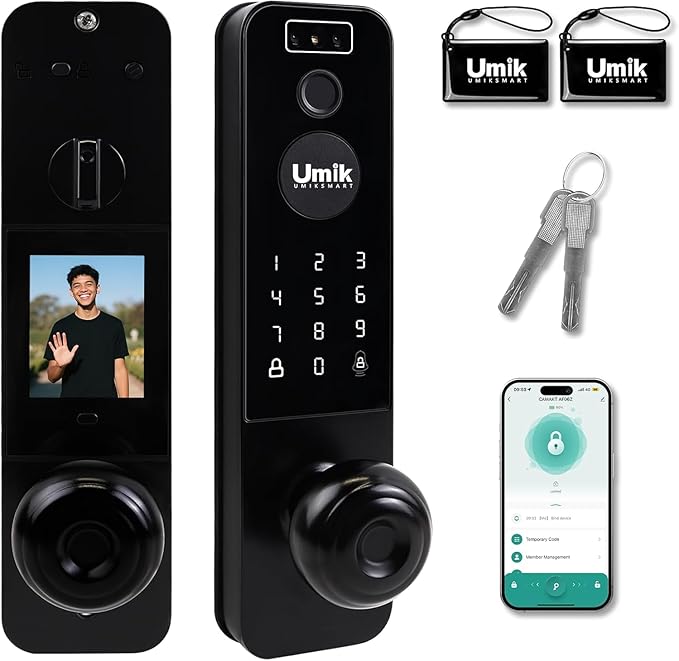 UMIKSMART Video Smart Door Lock with Camera, 3D Face Recognition & Fingerprint, WiFi Keyless Entry Deadbolt with Doorbell, Digital Keypad, Tuya App Control for Home Apartment, Black