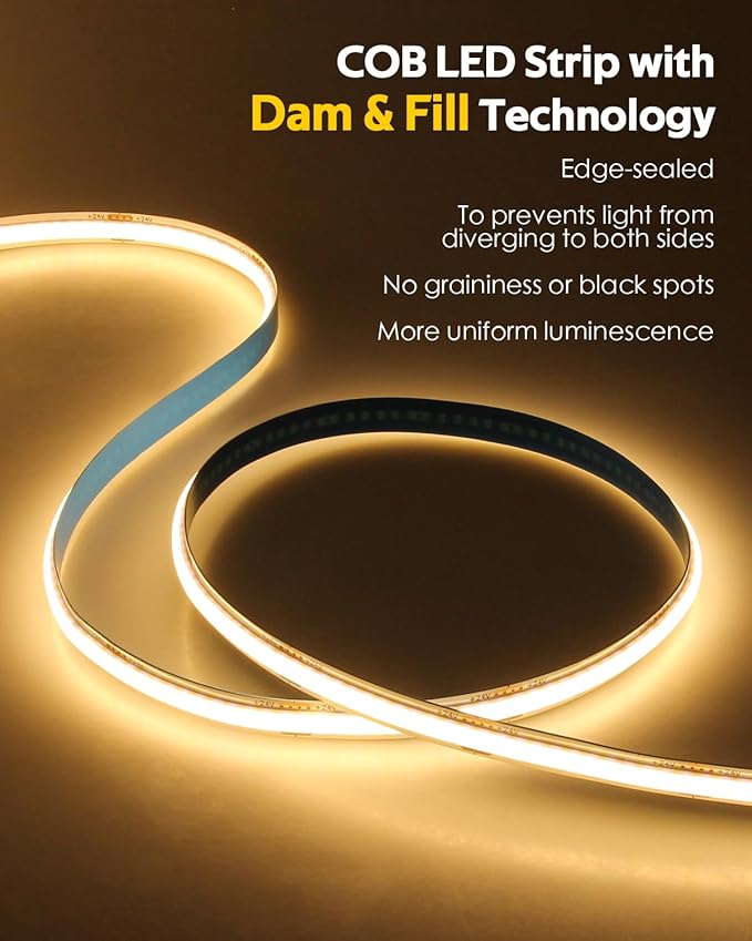 65.6FT/Roll COB Led Strip Lights 3000K 24V with Dam-Process Dimmable LED Light Strip with Remote/App CRI 90+ Warm White 480LED/M Super Bright Flexible LED Tape Light for Bedroom Cabinet DIY Lighting