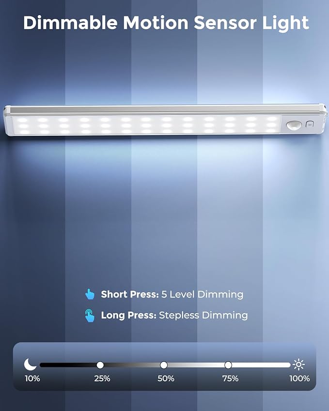 Under Cabinet Lighting - 10.5" Motion Sensor Light Indoor, Magnetic Wireless Closet Lights, Dimmable Led Night Light, Rechargeable Under Counter Lights for Kitchen, Bedroom, Stair, 2 Pack