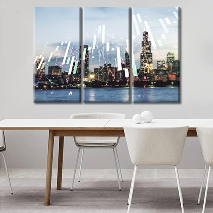 TUMOVO Office Decor Abstract Virtual Financial Graph Hologram Paintings Wall Decor for Living Room 3 Piece Chicago Skyline Background Pictures Print on Canvas Framed Ready to Hang (60" Wx40 H)