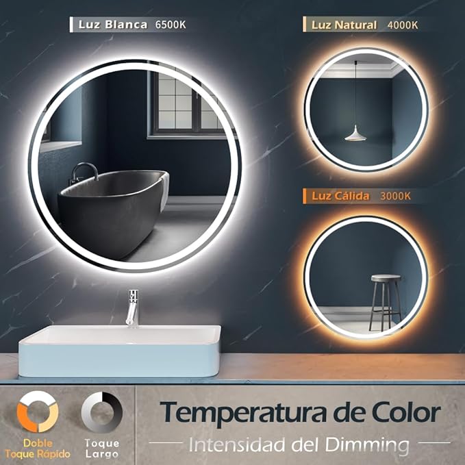 KWW 28 Inch Large Modern LED Round Bathroom Vanity Mirror, Color Temperature Adjustable, Anti-Fog Dimmable Lights, Easy to Install, Wall Mounted Makeup Mirror with Smart Touch Button