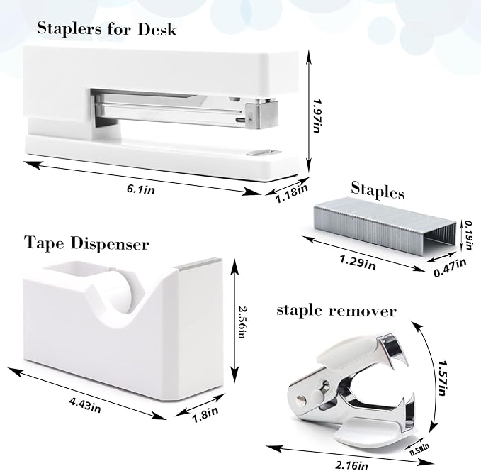 White Office Supplies, Shellvcase White Desk Accessories, Stapler and Tape Dispenser Set for Women with Stapler, Tape Dispenser, Staple Remover, Staples, Clips, Scissor and Pens for Students