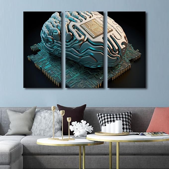 Wall Art for Living Room, Brain and Computer Chip Print on Canvas Wall Art for Living Room Bedroom Wall Decoration, 3 Piece AI Canvas Artwork Wooden Framed Stretched, 60" Wx40 H