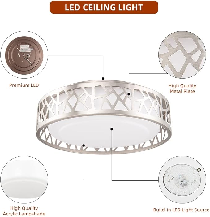 Flush Mount Ceiling Light, 12 Inch Dimmable LED Hallway Light Fixtures Ceiling, 15W 1100 Lumens 3000K Warm White, ETL Listed,Brush Nickel Fihished,Metal Body and Acrylic Lampshade