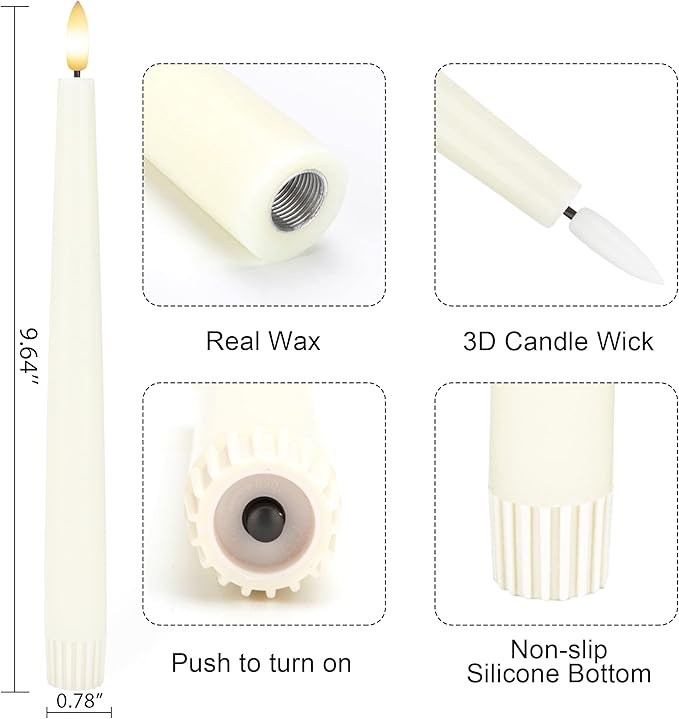 Flameless Taper Candles with 3D Wick, 9.6" Real Wax LED Candles with 2 Remote and Timer, 6 Pack Flickering Candlesticks Battery Operated, Classic Tall Taper Candle for Home, Wedding, Party, Ivory