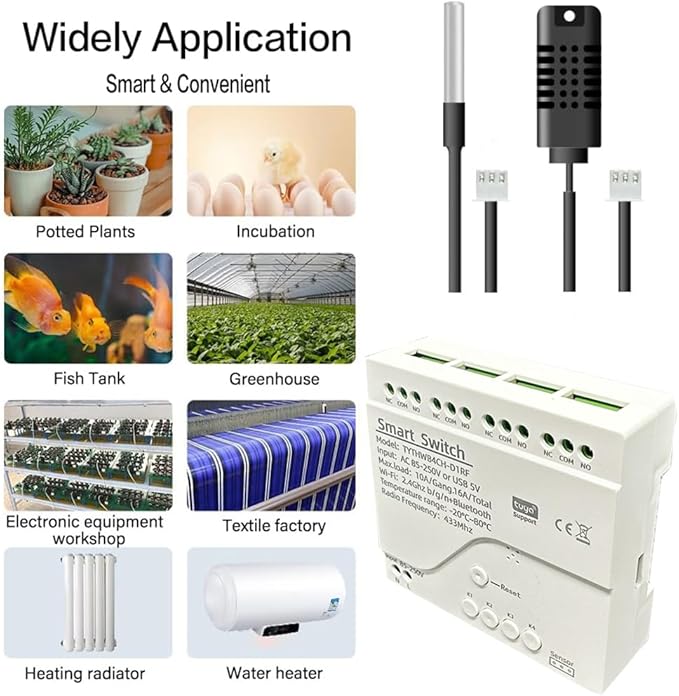 Tuya 4CH WiFi Switch 85-250V Smart Temperature and Humidity Sensor, Dry Contact, Remote Application Control and Monitoring Function, Voice Control, Smart Scene, Compatible with Alexa and Google Home