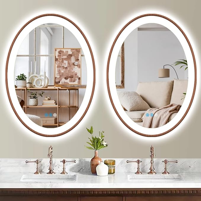 20 x 30 Inch Bathroom LED Oval Wood Mirror with Light Wood Frame Oval Lighted Vanity Mirror with Lights for Bathroom Wall Mounted Smart Memory 3 Color Dimmable AntiFog Wooden Grain