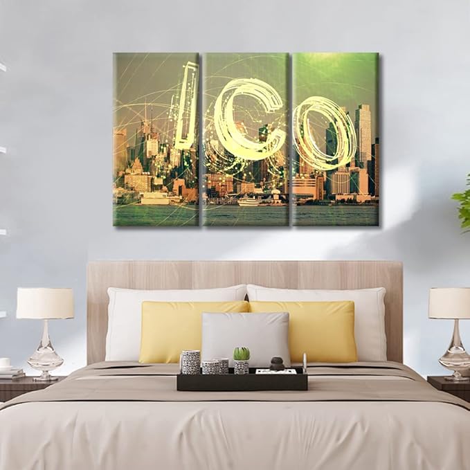City Veiw Background Crypto Currency Theme Pictures Wall Decor Posters and Prints 3 Panels Concept of Blockchain and Bitcoin Wall Decor for Bedroom Stretched and Framed Ready to Hang (42"Wx28"H)
