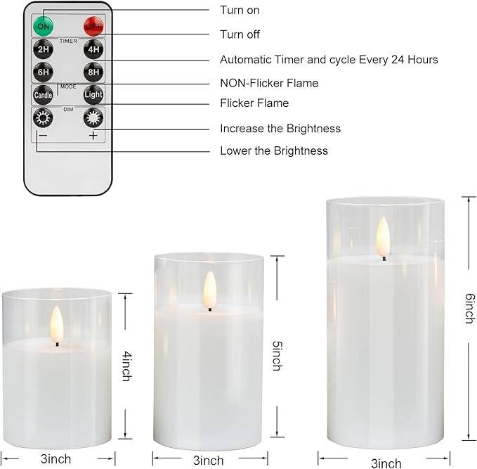 Pure White Glass Flameless Candles with Remote - Battery Operated Candles with Timer, LED Flickering Real Wax Candles for Festival Wedding Home Party Decoration, Clear, Set of 3