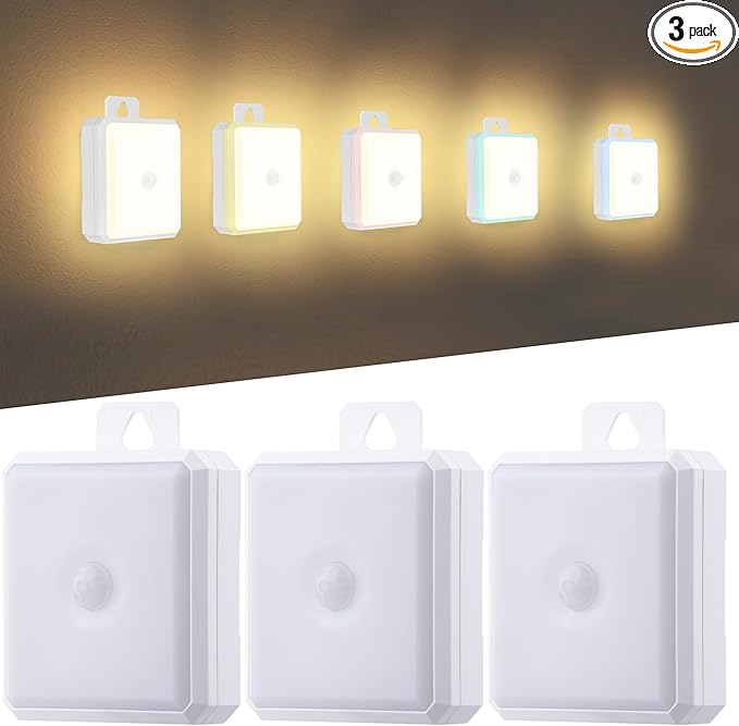 Motion Sensor Night Light Indoor - Cordless Battery Powered Under Cabinet Lighting, Stick-on Magnet LED Closet Lights, Safe Light for Stairs, 4000K Nightlight 3-Pack (White)