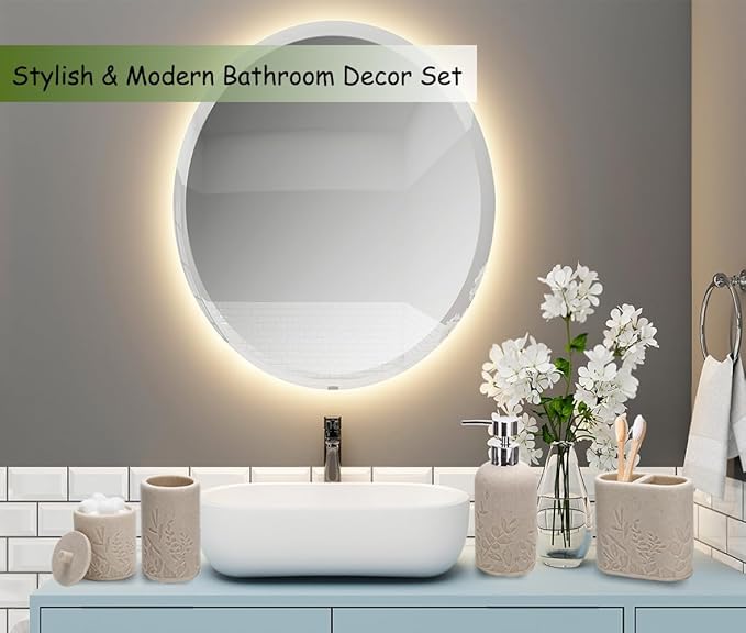 Aksipo Beige Bathroom Accessories Set, 4 Pcs Sturdy Resin Bathroom Accessory Set, Hand Soap Dispenser, Toothbrush Holder Set, Tumbler, Qtip Holder Dispenser, Stylish & Modern Bathroom Decor Set