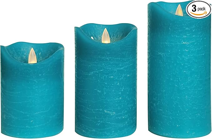 CANDLE CHOICE Battery Operated Flameless Candles with Timer Real Wax Realistic Flickering Electric LED Pillars Automatic Built-in Daily Cycle Timer 6-Hour on 18-Hour Off Set of 3 Rustic Texture Teal