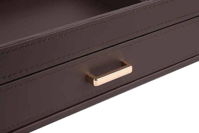 HofferRuffer Valet Jewelry Tray Organizer with Drawer, Faux Leather Storage Catchall Box Phone Charging Station Tray with Dresser Nightstand Desktop Drawer Organizer (Dark Brown)