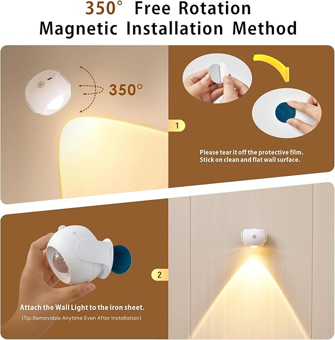Motion Sensor Wall Light，350° Rotatable Brightness Adjustable Wireless Wall Light, 3 Color Modes Rechargeable Battery Operated Wall Lights for Bedroom, Hallway, Stairs, Closet, Bathroom
