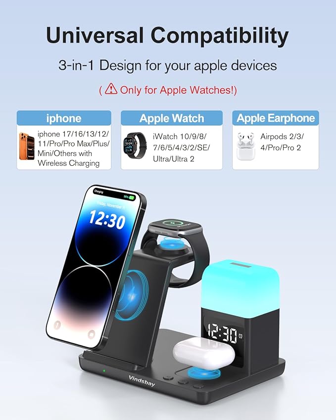 Wireless Charging Station Alarm Clock with 8 Touch Night Lights: 5 in 1 Charger Stand for Apple Devices - Charging Dock for iPhone 17 16 15 14 13 12 Pro Max Plus/Apple Watch/AirPods, Dimmable