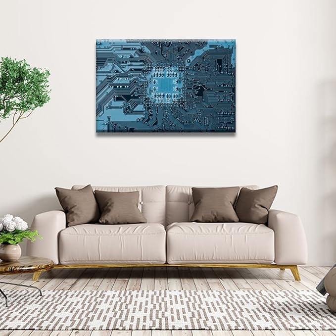 LSIUHWUWI Blue Electronic Circuit Canvas Wall Art Technology Science Poster Artwork Pictures for Bedroom Canvas Wall Art Stretched and Framed Ready to Hang 24X36 INCH