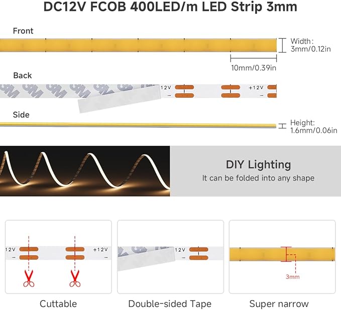 BTF-LIGHTING FCOB COB 3mm Width UL Listed Super Narrow Flexible Uniform LED Strip Light 16.4FT DC12V 4000K CRI 90+ Dimmable LED Ribbon for Kitchen Home Indoor Decoration(No Adapter or Controller)