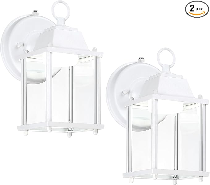 LIT-PaTH Dusk to Dawn Outdoor Wall Lantern, LED Wall Sconce, 5000K Daylight White, 9.5W, 800 Lumen, Aluminum Housing Plus Glass, Outdoor Rated, 2-Pack, White