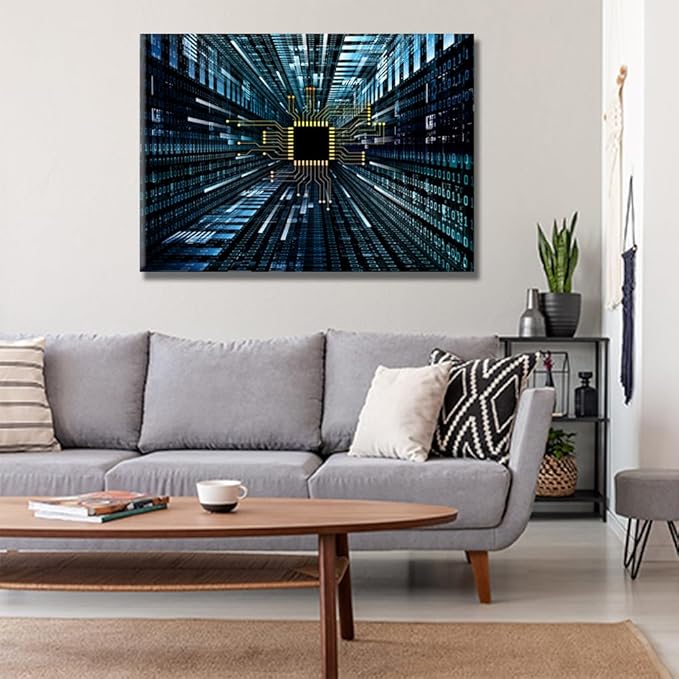 CPU Concept Wall Decorations for Living Room Canvas Wall Art Digital Circuit and Number Graphics House Decor Digital Age Modern Office Wall Painting Framed Wall Art for Home Bedroom 20X28 INCH