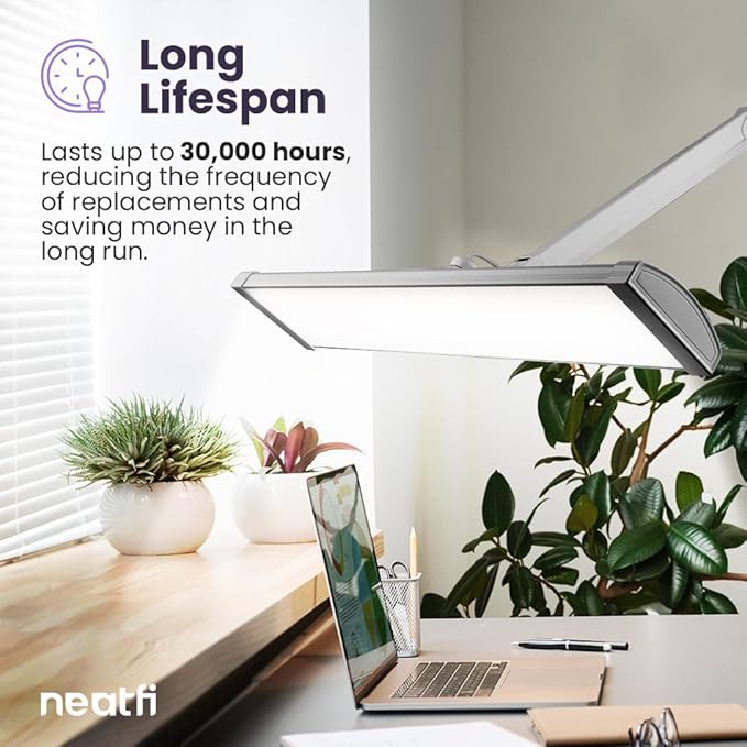 Neatfi Ultra 3,500 Lumens LED Desk Lamp – 45W, 26” Wide Metal Shade, 270 SMD LEDs, Shadow-Free | Adjustable Brightness | Non-Flickering Task Light for Nail, Craft & Office (Non-CCT with Clamp, Silver)