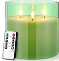 Retisee 6'' x 6'' Extra Large Flameless Candles, 3 Wick Glass Large Candles with Remote Control and Timer Function, Real Wax LED Pillar Flickering for St. Patrick's Spring Party Decor(Green,1 Pcs)