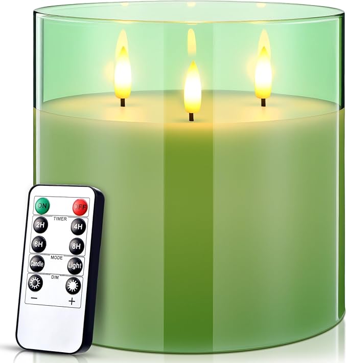 Retisee 6'' x 6'' Extra Large Flameless Candles, 3 Wick Glass Large Candles with Remote Control and Timer Function, Real Wax LED Pillar Flickering for St. Patrick's Spring Party Decor(Green,1 Pcs)