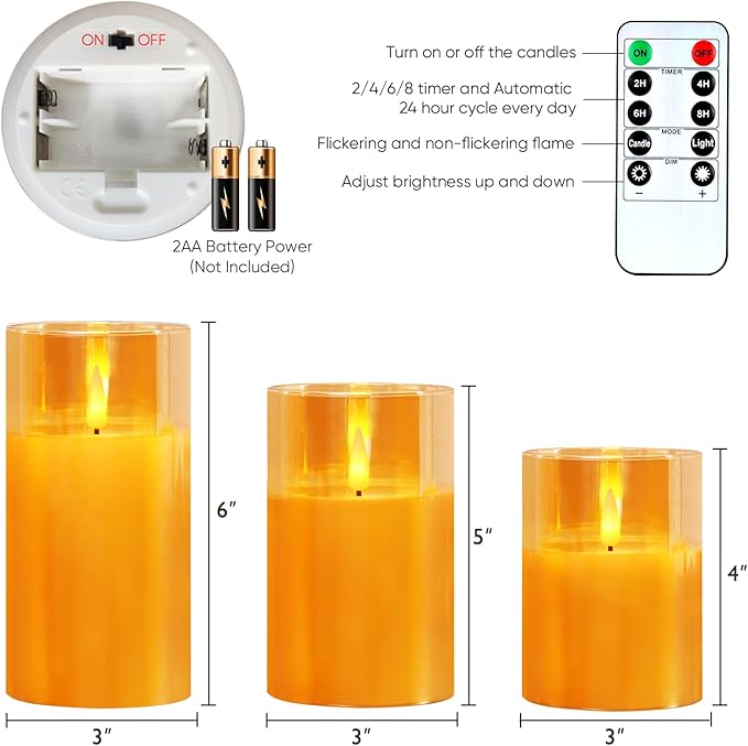 5plots Flameless Battery Operated Candles Set of 3, Gold LED Candles with Remote Timer, Real Wax Glass Pillar Candles Warm Flickering Light for Indoor Home, Halloween, Christmas Decor D3 x H4 5" 6"