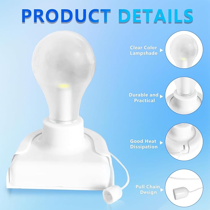 Battery Operated Light Bulb with Pull Chain, 2 Pack Wireless Stick-Up LED Closet Light Bulb, Self Adhesive Wall Mounted Light Fixture for Cabinet Bedroom Living Room Kitchen, Clear Cover