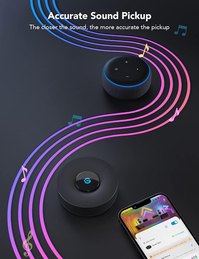 Govee Music Sync Box, Bluetooth Group Control 7 Devices, 22 Dynamic Music Modes, Battery Powered, USB Charged, Supports All Govee Smart Color Light Products