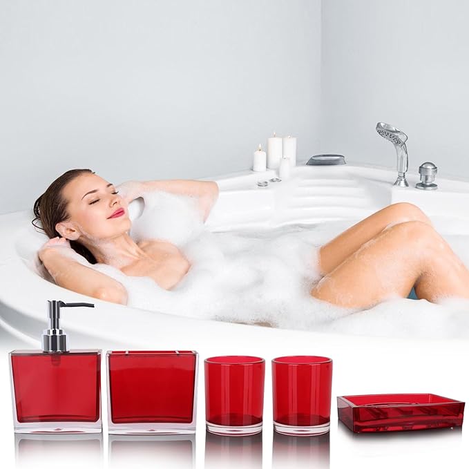 5-Piece Bold Red Acrylic Bathroom Accessories Set — Soap Dispenser, Toothbrush Holder, Soap Dish & 2 Mouthwash Cups, His and Hers Countertop Organizer for Red Bathroom Decor