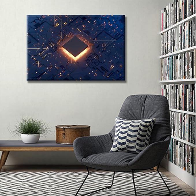 Computer Chip Wall Paintings CPU Concept Pictures Print On Canvas Technology Digital Art Wall Art for Living Room Bedroom Wall Decoration Office Wall Art Giclee Framed Ready to Hang 16X24 INCH