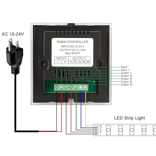 RGBZONE RGBW LED Light Strip Controller, 4 Channels LED Dimmer Controller, Wall- Mounted Touch Panel Dimming Controller for DC12V-24V 16A RGB or RGB+White LED Light Strip(RGBW)
