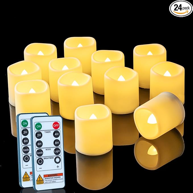Homemory 400+ Hour Remote Control Candles, 2/4/6/8H Timer LED Votive Candles, 24Pack Battery Operated Tea Lights in Warm White for Outdoor, Table, Halloween, Christmas (Batteries Included