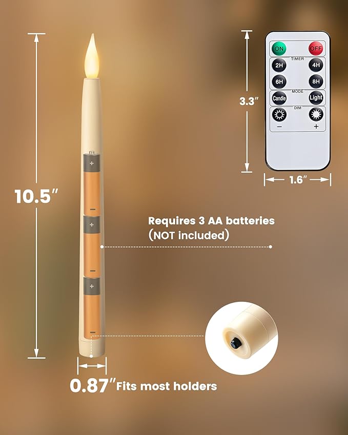SURAIELEC 10.5'' Flameless Ivory Taper Candles, Battery Operated Candle with Remote, Timer, 3000K Warm White, LED Candle for Party, Christmas Decoration, 6 Pack (Rechargeable Battery Not Compatible)