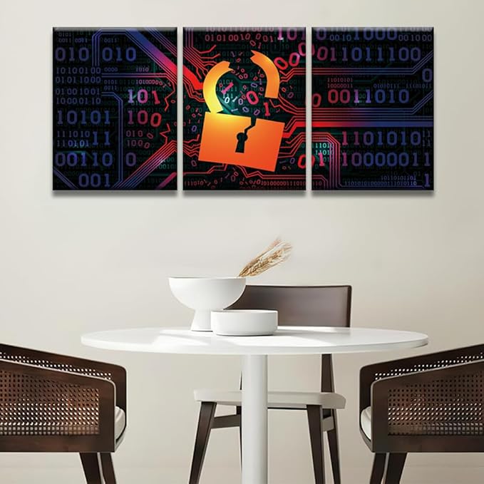 Framed Wall Art 3 Panels Hacking Firewall Hacked with Binary Code Pictures Print On Canvas for Living Room Bedroom Wall Decoration, Stretched Framed Ready to Hang, 12x16inchx3