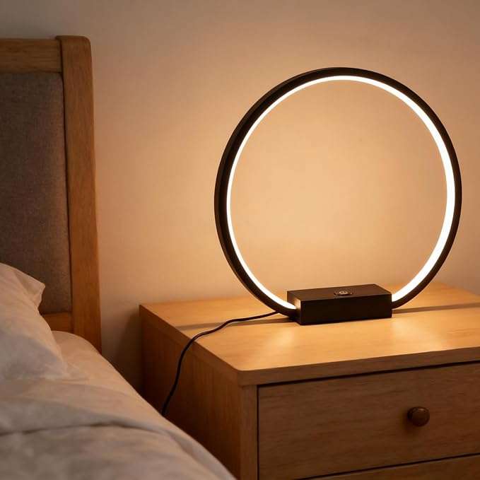 LED Circle Table Lamp Touch Control 3-Way Dimmable Bedside Nightstand Lamp with USB Port Modern Tabletop Lamps, 12W 3000K Warm Light, Desk Lamp for Bedroom Living Room, Black