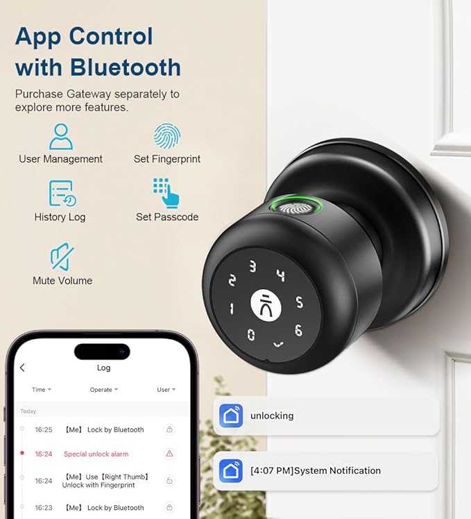 Fingerprint Door Lock, Smart Fingerprint Door Knob with Lock, Biometric Door Locks with App Control & Key, Keyless Thumbprint Entry Door Locks for Bedroom, Front Door, Apartment- Black