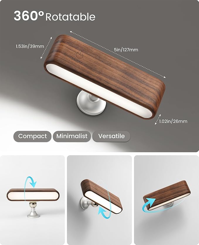 Wood LED Wall Sconce Magnetic 360°Rotate Wall Mounted Lamp Brightness Adjustable Night Lights Rechargeable Battery Powered Reading Light for Bedside Hallway Living Room (1 Pack Black Walnut)