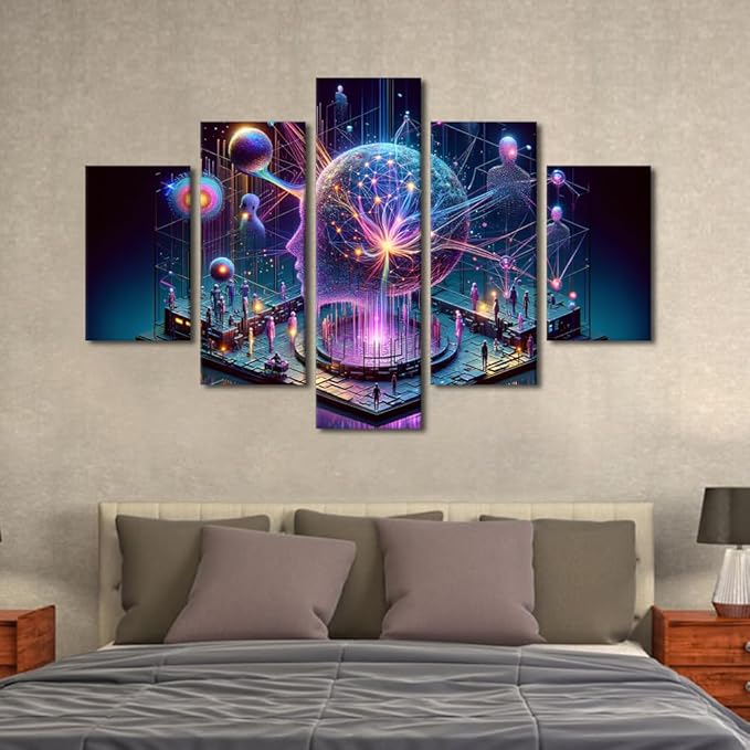 5 Panel Human Brain Wall Art for Living Room Artificial Intelligence Canvas Picture for Bedroom Wall Decor Neural Network Painting House Decorations for Room Office Posters and Prints 60"Wx40"H