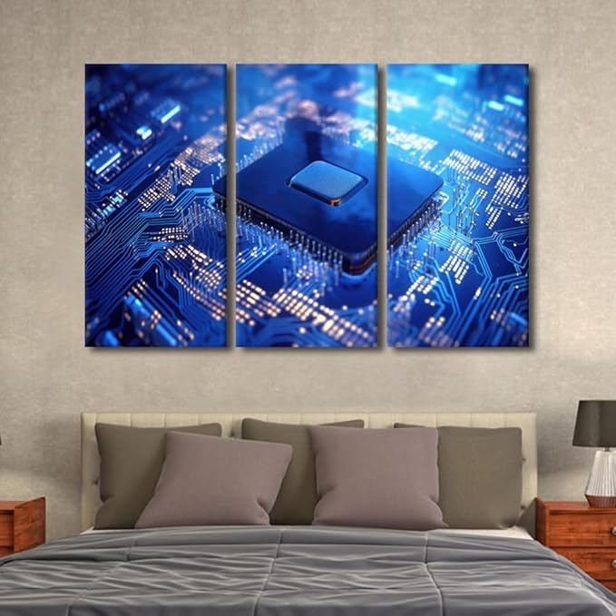 3 Pieces Wall Art Circuit Board Canvas Painting Semiconductor Chip Pictures Wall Art Framed Art Prints on Canvas Wall Decor Stretched Ready to Hang Posters and Prints, 60" Wx40 H