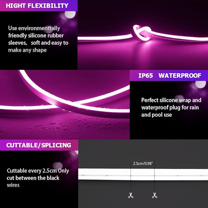 LED Neon Lights Flexible Purple 16.4FT/5M 12V DC Waterproof Flexible LED NEON Light for Indoors Outdoors Decorm [ No Power Adapter] Purple