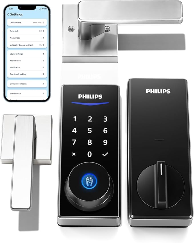 Philips Smart Lock with Handles, Keyless Entry Door Lock Set, Keypad Door Lock with 2 Level Handles, Digital Keypad Deadbolt for Front Door, App Fingerprint PIN Code Unlocking, Auto Locking